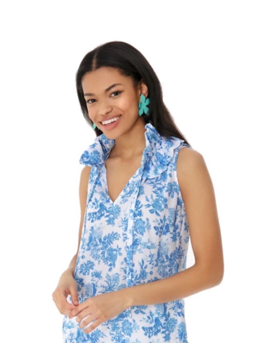 Tuckernuck Victoria Blue floral toile tie neck ruffle top, size 6